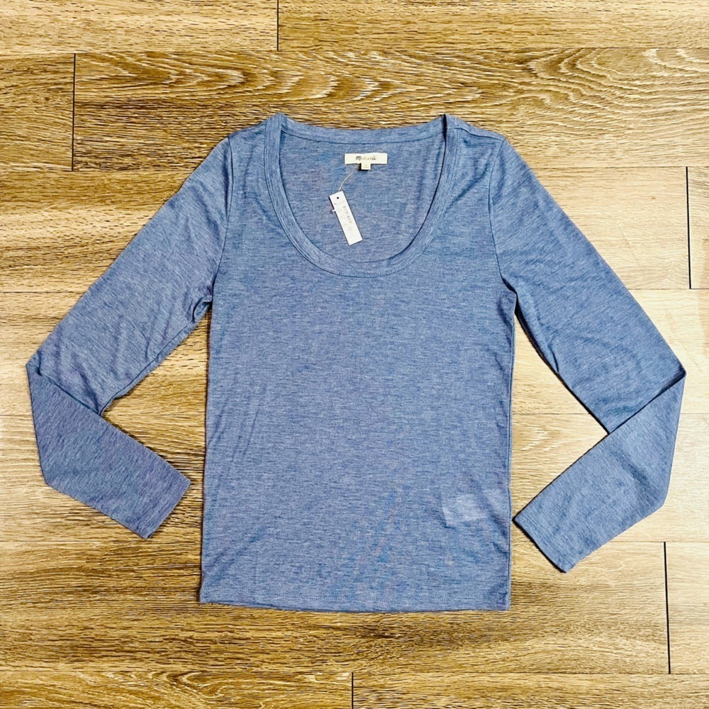 🆕 Madewell | Semi-Sheer Scoopneck Long Sleeve Top in Heather Bluestone Medium - Picture 2 of 6